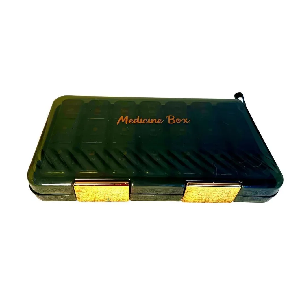 7 Days 21 Grids Portable Travel Kit Classification Medicine Box, Green W Gold